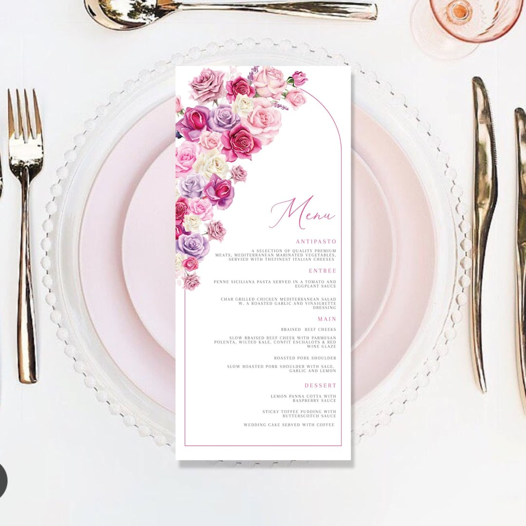 Pink Flower Menu Template Add Guest Names, Modern Wedding Place Card