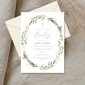 Invitacion de Bautizo, Bautizo Invitation In Spanish, Invitaciones Bautizo, Classic Baptism, Mi Bautizo, Religious Invitation, Greenery