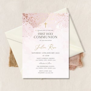 Holy Communion Invitation Template, First Holy Communion invite, Girl Communion Invite Download, Girl Invitation Pink Text Invite, Rose Gold