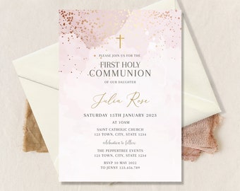 Holy Communion Invitation Template, First Holy Communion invite, Girl Communion Invite Download, Girl Invitation Pink Text Invite, Rose Gold