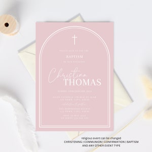 Pink Baptism Invitation Girl, Christening Invitation, Arch Baptism Invite Printable, Pink Christening Invitation, Holy Communion