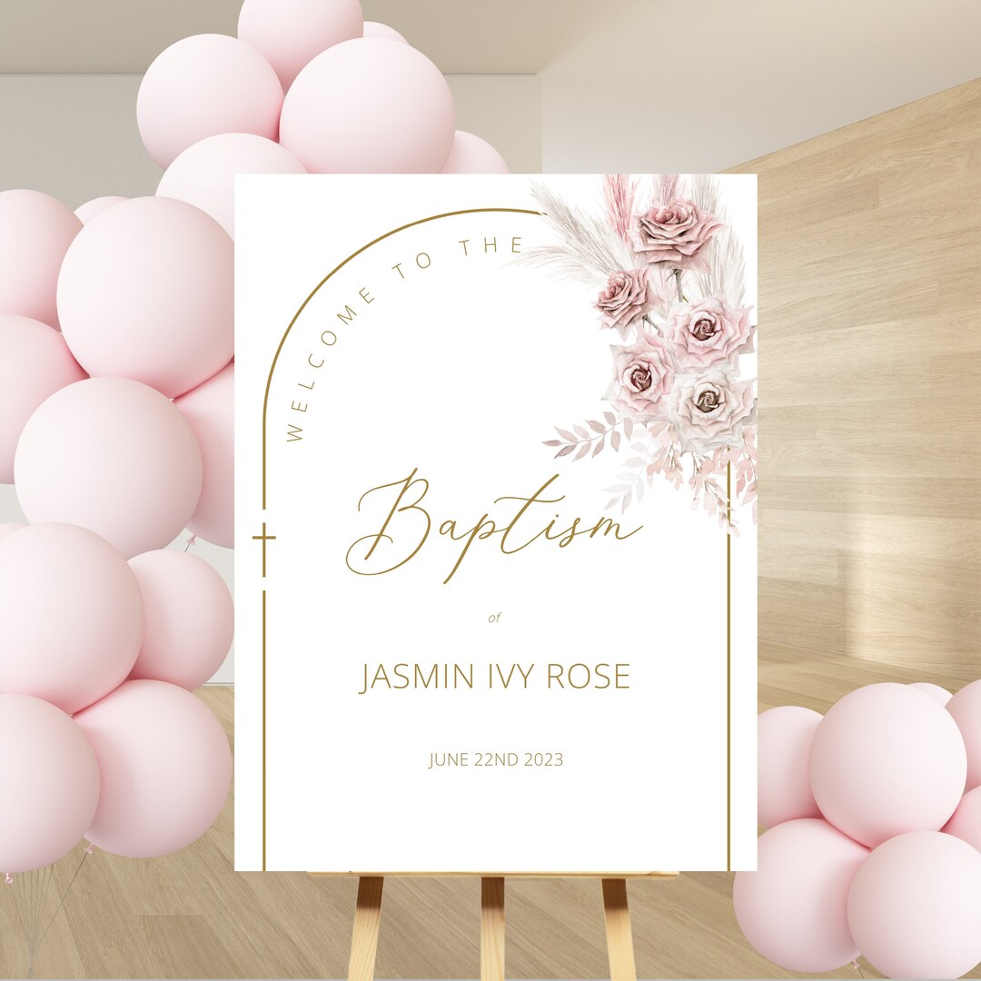 Pink Gold Baptism Seating Chart Template, Girl Baptism Welcome Sign ...
