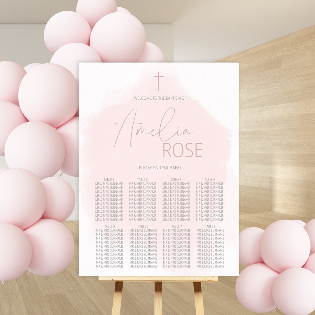 Pink Gold Baptism Seating Chart Template, Girl Baptism Welcome Sign ...