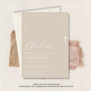 Beige Baptism Invitation, Gender Neutral Christening Invite Template, Almond Beige Baptism Invitation, Baptism invite Cross, Christening