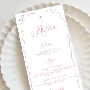 Pink Baptism Menu, Dusty Pink Christening Menu, Religious Menu for baptism decor, Pink cross menu with cross, Pink vintage bow baptism