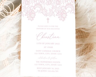 Vintage Floral Baptism Invitation Girl, Girl Flower Invitation Template, Christening Invitation Dusty Pink Template, Vintage cross lace