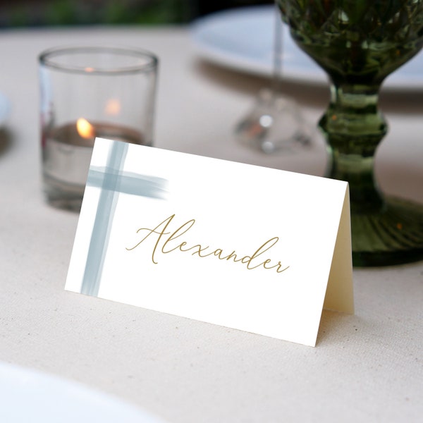 Place Cards Template, Dusty Blue Place Cards, Editable Place Cards Name, Baptism Place card blue folded, Wedding placecards Dusty Blue card