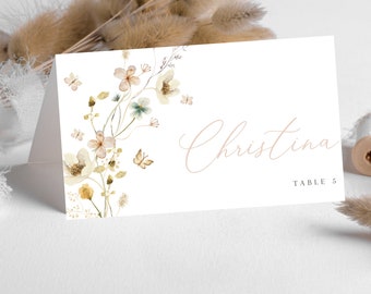 Pink Flower Editable Place Card Template, 3.5x2" Folded, Simple placecard, DIY Printable card, Pink vintage floral Baptism placecard