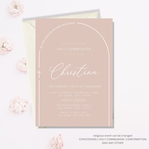 Holy Communion Invitation Girl, Christening Invitation, Arch Dusty Pink Modern Invitation, Pink Christening Invitation, Baptism Printable