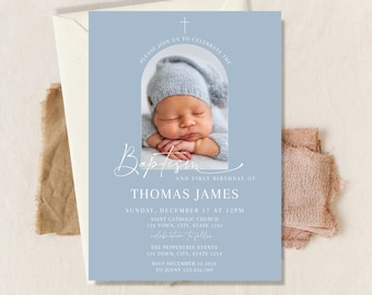 Boy Baptism and 1st Birthday Invitation, Photo Invite (Digital Download)