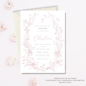 Pink Baptism Invitation, Vintage Floral Baptism Invitation Girl, Pink butterfly Flower Invite, Christening Invitation Dusty Pink Template