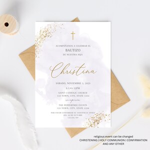 Invitacion de Bautizo, Bautizo Invitation In Spanish, Invitaciones Bautizo, Classic Baptism, Mi Bautizo, Religious Invitation, Purple Invite