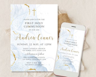 Holy Communion Invitation Template, Printable Baptism Invite, Watercolor Invite Download, Boy baptism Invitation Christening, Blue Communion