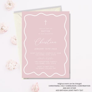 Pink Baptism Invitation Girl, Christening Invitation, Wave Baptism Invite Printable, Pink Christening Invitation, Holy Communion