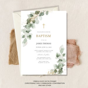 Baptism Invitation Greenery, Baptism Invitation Boy, Baptism Invitation, Editable Template, Instant Download, Greenery, Eucalyptus sage