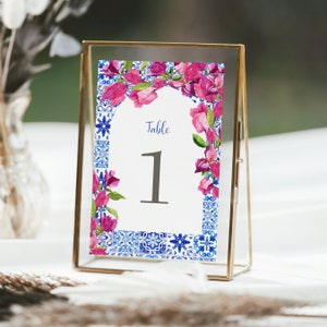Santorini Table Number , simple number, table decorations, Mediterranean Bridal Shower, Santorini Blue Tiles Bougainvillea , Table Number
