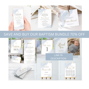 Modern Christening Invitation, Boy Baptism Invitation Template, Blue Christening Invite Template, Blue Watercolor Boys Blue Gold Evite image 6