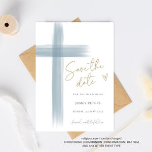 Baptism Invitation Save the Date Template, Dusty Blue Baptism Invitation Printable,  Boy Save the date Invitation Template, Christening