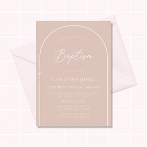 Baptism Invitation Girl, Christening Invitation, Arch Dusty Pink Modern Invitation, Pink Christening Invitation, Holy Communion Printable