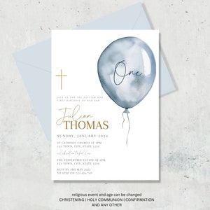 First birthday and Baptism boy invitation, Balloons Christening Invite , Dusty Blue Invite, Boys Blue Modern Invite, First Birthday Invite