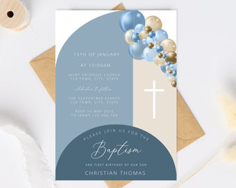 Boy Baptism Invitation, Christening Invite , Dusty Blue Invite, Boys Blue Modern Invite, Baptism Invite, First Birthday Invitation - TB1022