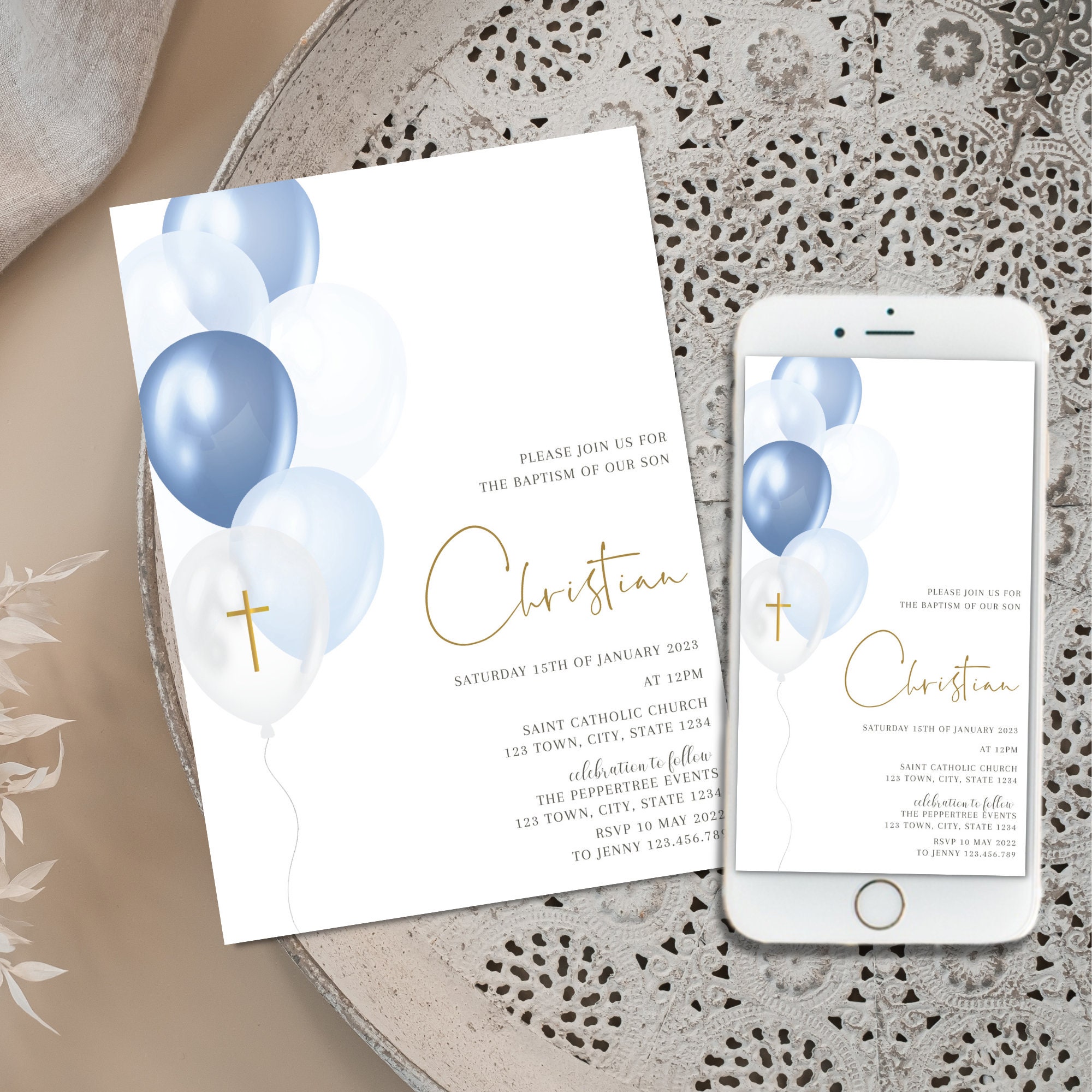 Boy Baptism Invitation, Balloon Christening Invite , Blue
