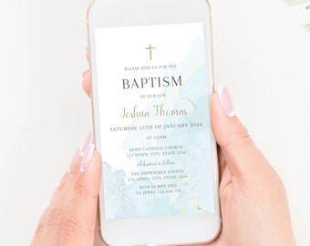 Modern Christening Invitation, Boy Baptism Invitation Template, Blue Christening Invite Template, Blue Watercolor Boys Blue Gold Evite