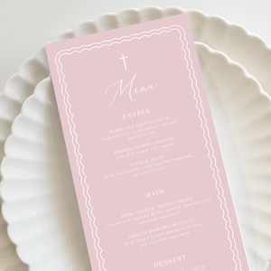 Pink Baptism Menu, whimsical Pink Christening Menu, Religious Menu for baptism decor, Pink menu with cross, "4 x 9" Printable menu scallop