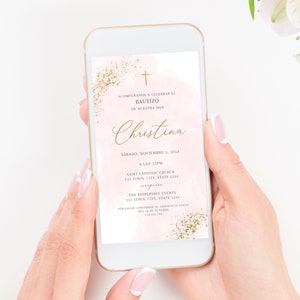 Invitacion de Bautizo, Rosa Bautizo Invitation In Spanish, Invitaciones Bautizo, Classic Baptism, Mi Bautizo, Religious Invitation, Pink