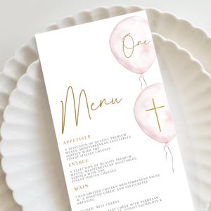 Pink Baptism Menu, Balloons Pink Christening Menu, Religious Menu for baptism decor, Pink menu with gold, "4 x 9" DIY Printable menu