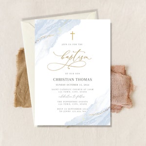 Blue Baptism Invitation, Boy Baptism Invitation Template, Blue Baptism Invite Template, Blue Watercolor Boys Blue Gold Evite