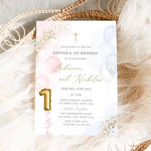 Joint Sibling Baptism Invitation, Printable Christening Invite, Watercolor twins baptism, Boy Girl 1st Birthday, Balloon Baptism & birthday