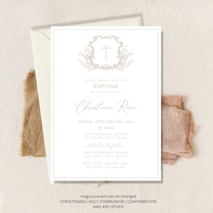Boho Baptism Invitation Girl, Christening Invitation, Crest Beige Baptism Invite template, Neutral Christening Invitation, Beige Cream Taupe