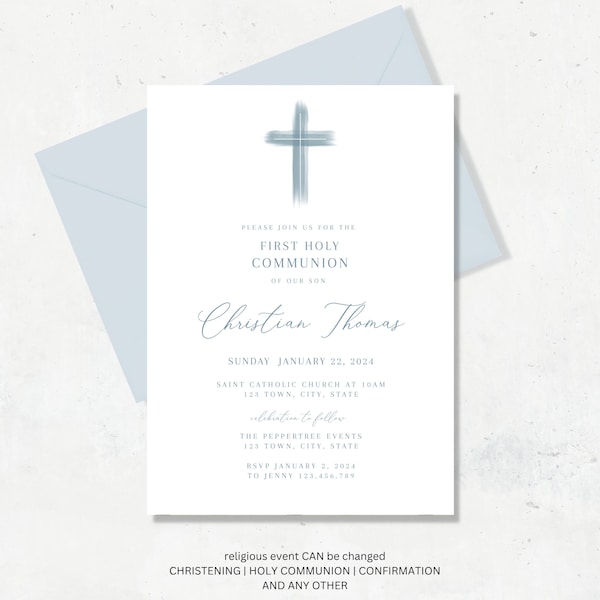 First Holy Communion Invitation boy, Modern First Holy Communion Invite boy, Dusty blue First Holy Communion Invite, Boy Blue Invite digital