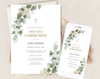 May include: A green and gold watercolor invitation with a cross and greenery. The text reads "Please join us for the First Holy Communion of our son James Thomas, Sunday, June 22, 2023, Saint Catholic Church at 10am, 123 Town, City, State 1234, Celebration to follow, The Peppertree Events, 123 Town, City, State 1234, RSVP 10 May 2022, To Jenny 123.456.789".