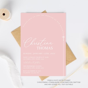 Pink Baptism Invitation Girl, Christening Invitation, Arch Baptism Invite Printable, Pink Christening Invitation, Holy Communion