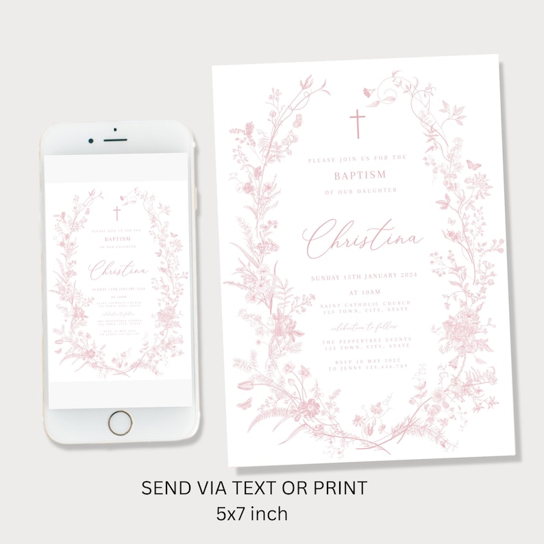 May include: A pink floral wreath with a cross and the text "Please join us for the Baptism of our daughter Christina" on a white background. The text below the wreath says "Sunday 15th January 2024 at 10am Saint Catholic Church 123 Town, City, State Celebration to follow The reception evening will be held at 123 Town, City, State 123-456-7890 RSVP by January 1st, 2024".