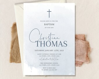 Blue Baptism Invitation, Boy Blue Christening Invitation Template, Blue Christening Invite Template, Blue Boys baptism simple invite