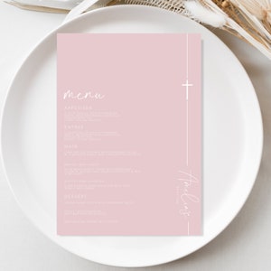 Dusty Pink Baptism Menu Template add Guest Names, Modern Wedding Place Card Dinner Menu, MINIMAL, Printable, Digital Download, Editable,