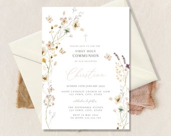 Holy Communion Invitation Template, First Holy Communion invite, Girl Communion Invite Download, Butterfly girl invite, Wildflower communion