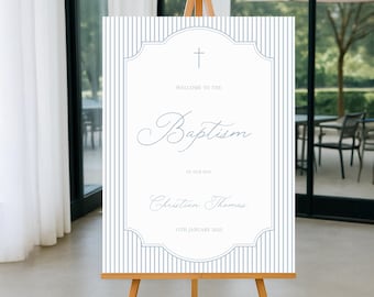 Blue Baptism Welcome Sign, Boy Baptism Sign, Blue Stripe Christening Welcome Sign, Catholic Baptism Sign, Printable Baptism Decor Digital