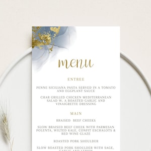 Navy blue Wedding Menu Template add Guest Names, Modern Wedding Place Card Dinner Menu Watercolor, Printable, Digital Download, Editable
