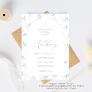 Baptism Invitation Blue Greenery, Baptism Invitation Boy, Baptism Invitation, Editable Template, Instant Download, Greenery, Eucalyptus blue