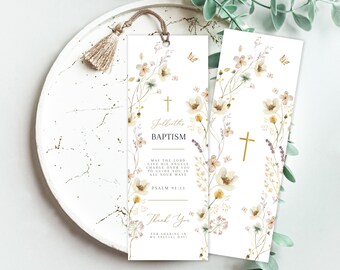 Baptism Bookmark template, Personalized Baptism Bookmark, Wildflower Baptism Bookmark, Custom Bookmark Keepsake, Printable Christening Favor