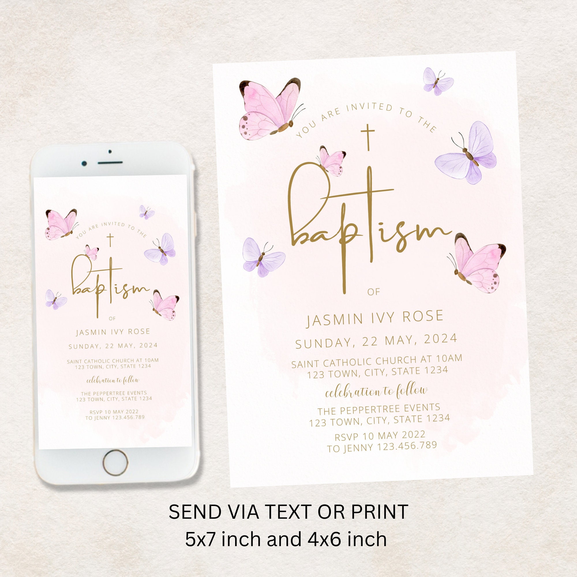 Baptism Invitation Girl Butterfly Christening Invitation Pink  