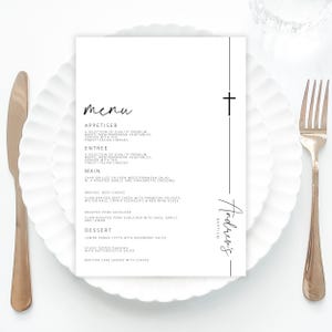 Baptism Menu Template add Guest Names, Modern christening Place Card Dinner Menu, Baptism menu Printable, Baptism table decor menu black