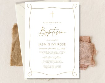 May include: A white baptism invitation with a gold border and cross. The text reads "Please join us for the Baptism of our daughter Jasmin Ivy Rose, Sunday, January 22, 2025, Saint Catholic Church at 10am, 123 Town, City, State 1234, celebration to follow, The Peppertree Events, 123 Town, City, State 1234, RSVP January 12, 2025, to Jenny 123.456.789, religious event can be changed, Christening | Holy Communion | Confirmation and any other."