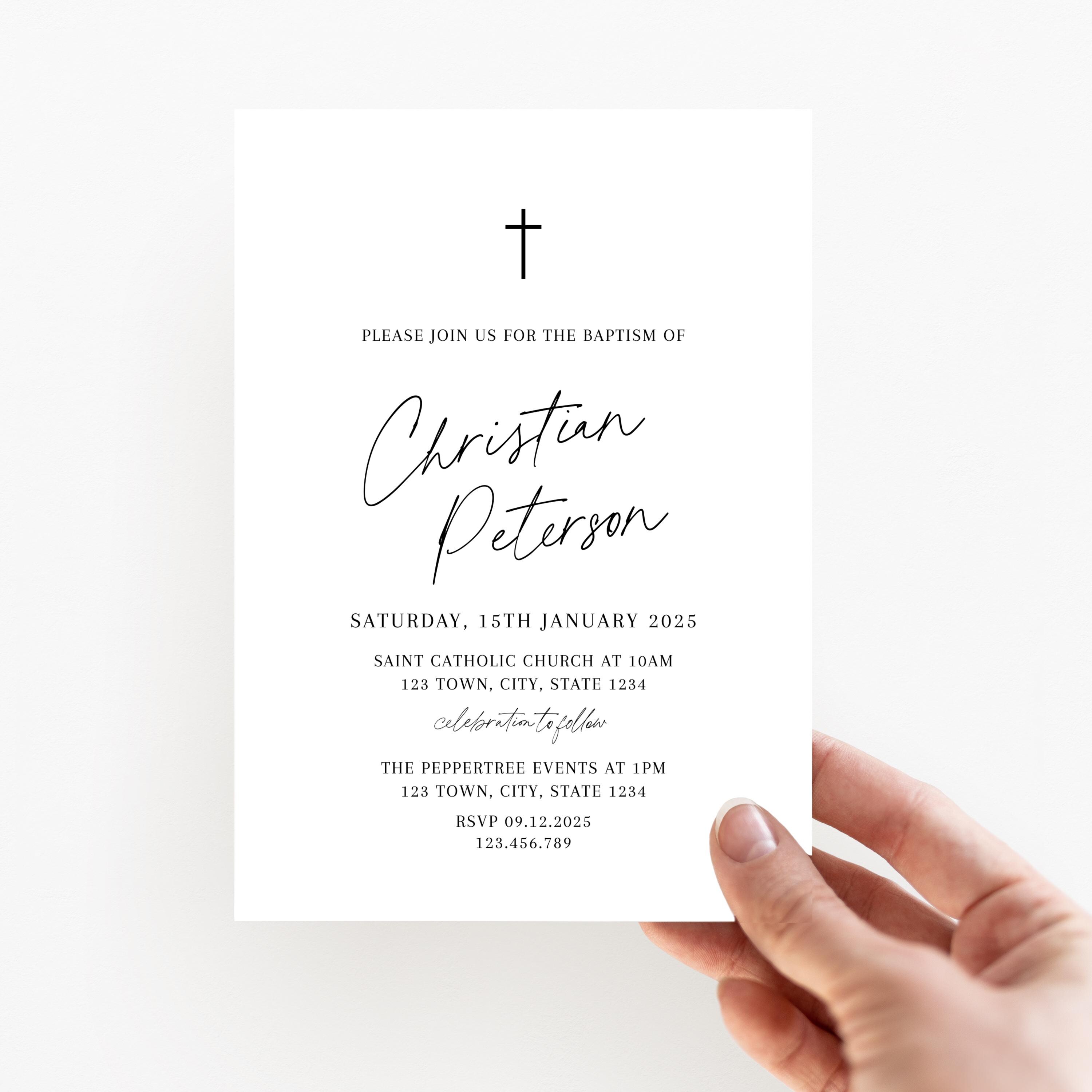 Editable Baptism Invitation Template – Modern Script Design | Boy ...