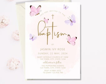Baptism Invitation Girl Butterfly Christening Invitation Pink  