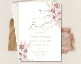 Invitacion de Bautizo, Pampas boho spanish bautizo invitation, Invitaciones Bautizo, Classic Baptism, Mi Bautizo, Spanish Baptism Invitation